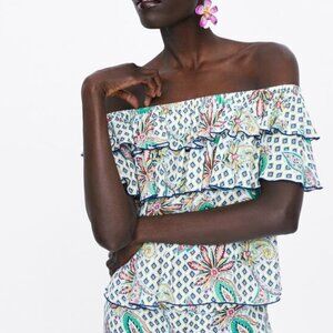 Zara Ruffled Off the Shoulder Top Paisley Print S‎ Blouse Aqua Boho